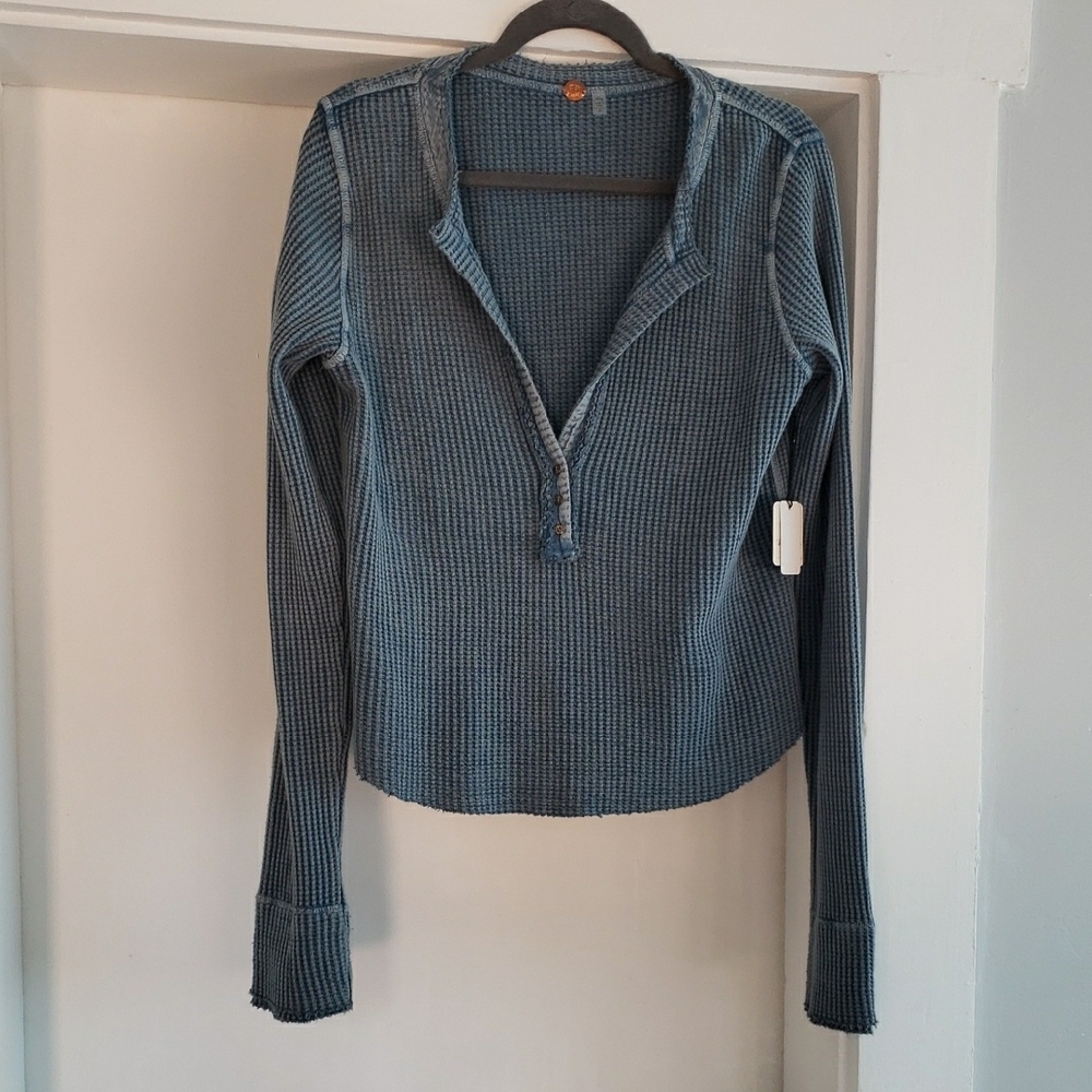 Free People Ocean Blue Waffle Weave Long Sleeve Women's Top